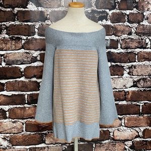 Anthropologie Sweater Off The Shoulder Grey Tan Stripes Size Medium